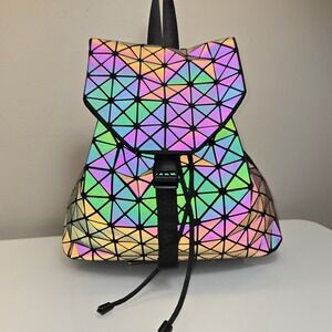 Womens Reflective Geometric Backpack Medium Holographic Iridescent Bao Bao Rave
